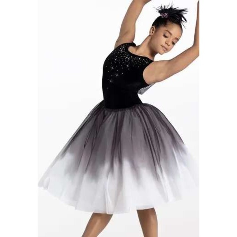 Weissman Dance Dress Women MA Black White Crystal Plush Ombre Tulle Dying Swan